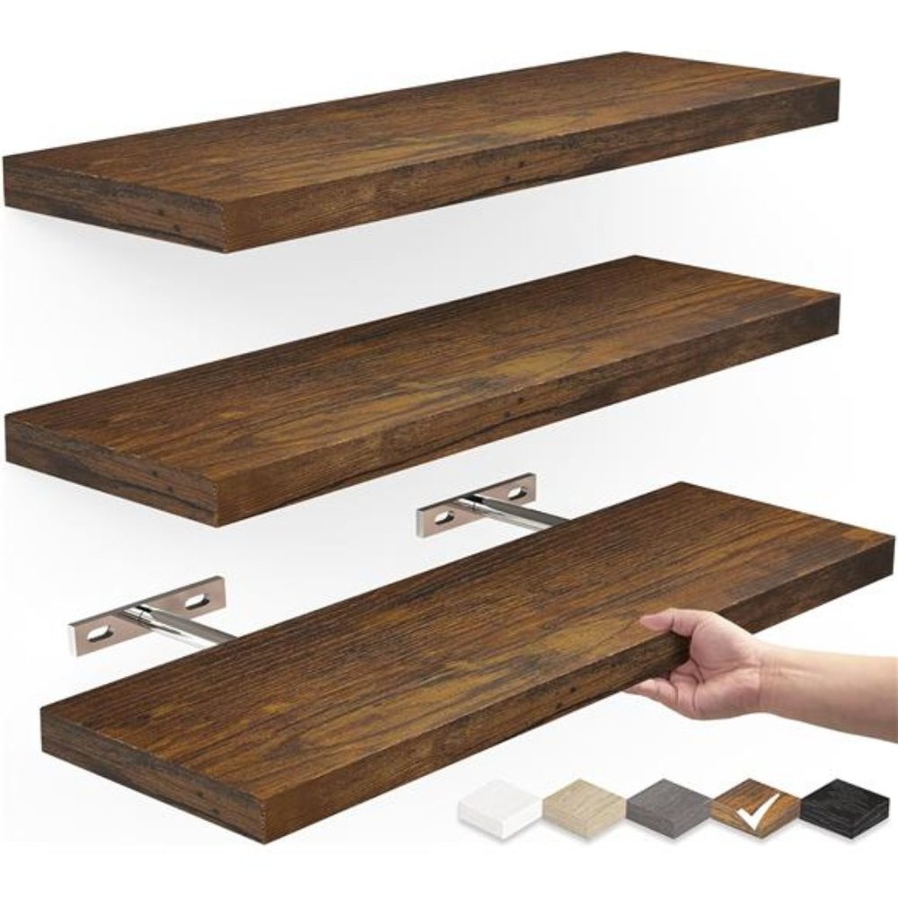 Floating Wood Shelves - Wall Mounted (Rustic Brown,Set of 3,16inch)